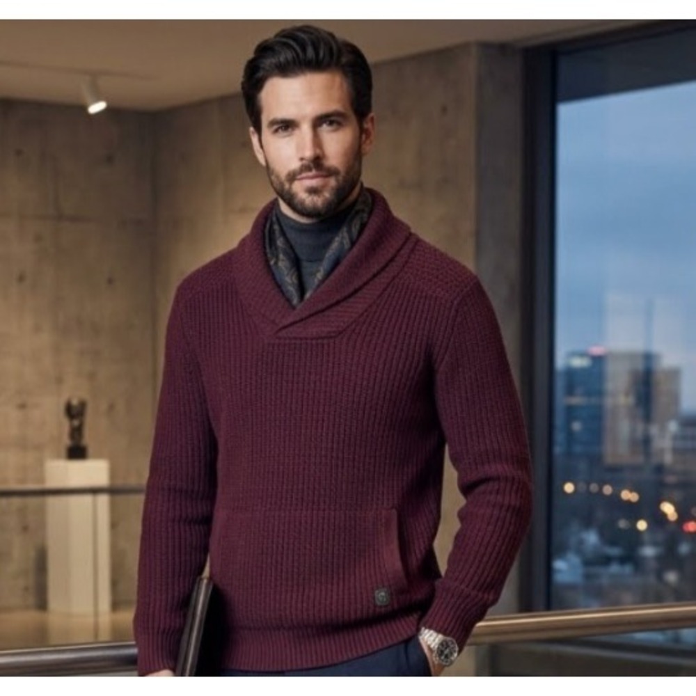 Victorinox Mens Merino Wool Shawl Collar Ribbed Sweater Burgundy Red Large